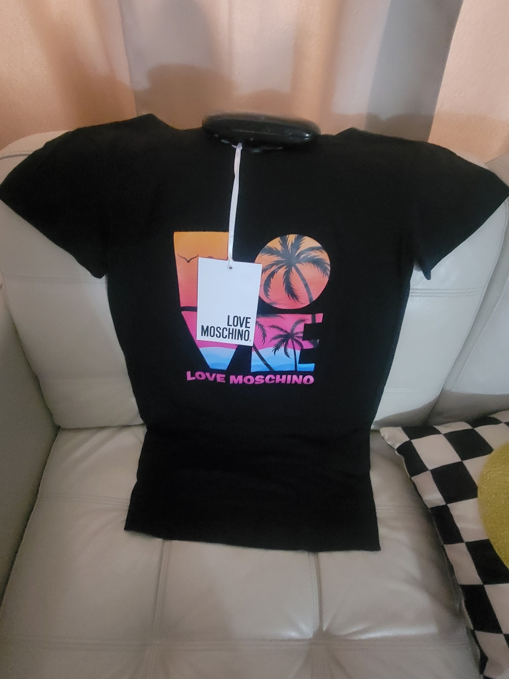 Love Moschino Black Tee with Neon Sunset Palm Graphic